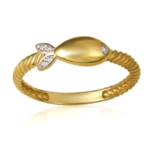 14K Yellow Gold CZ Fish Rope Twist Band Ring - Picture 1 of 2