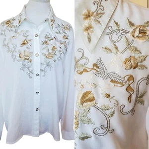 Vintage Ivory Long Sleeve Button Up Blouse Sheer Floral Embroidered Cherub XL - Picture 1 of 15