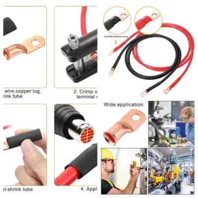 Adhesive Heat Shrink Tube2 AWG Copper Cable Lug Ends Terminal Ring Connectors + - Image 1 of 4