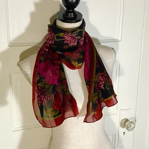 Jones New York Scarf Red Roses On Black Silky, Red Border - Picture 1 of 5