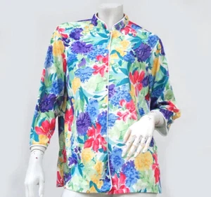 Vintage 70s Floral Water Color Print Knit Mandarin Collar Blouse By Teddi - Picture 1 of 10