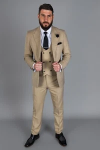 Herren Beige Kariert Dreiteiliger Anzug Größe 34 Brustumfang & 29 Taille | Slim Fit & Stretch - Bild 1 von 8