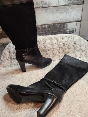 EUC Lauren Ralph Lauren US 8.5B Misa Black Knee High Heel Boots Leather Suede - Image 1 of 4