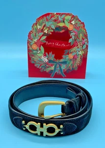 SALVATORE FERRAGAMO BLACK LEATHER GOLD GANCINI BELT 90 "4614 IDEAL XMAS 🎁 - Picture 1 of 13