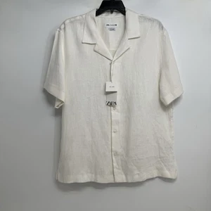 NWT Zara Mens Button Up Shirt Size L Off White Linen Short Sleeve Beach - Picture 1 of 14