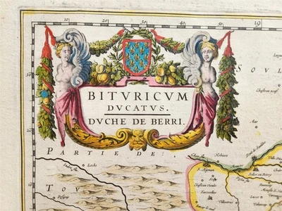1640 MAP of FRANCE DUCHY of BERRY by WILLEM BLAEU antique AUTHENTIC hand colored Foto 1 de 4