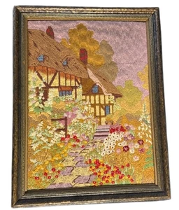Vtg MCM Large Crewel Framed Wall Art Needlepoint Embroidered Floral Cottage 25" - Picture 1 of 13
