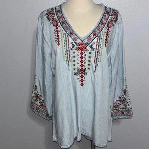 Reba blau Tencel bestickt Boho Bauern Tunika Top 3/4 Arm Damen Large - Bild 1 von 16