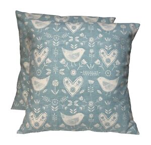 2 x Scandi Style Birds Love Hearts Duck egg Cushion Covers 16” 18” 20” 22”