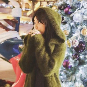 Women Pure Mink Real Cashmere Cardigan Knitted Long Fur Hooded Coat Luxury Coats - Picture 1 of 7
