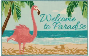 KITCHEN ACCENT RUG (nonskid back) (17" x 28") FLAMINGO, WELCOME TO PARADISE, EE - Picture 1 of 10