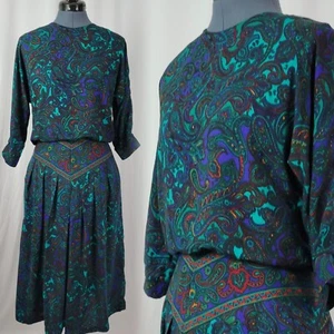 Vintage VLP Petites Green & Purple Paisley Blouson Secretary Dress SIze 8 - Picture 1 of 24