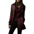SEXY Women Genuine Lambskin Real Leather Trench Coat Burgandy Fashion Overcoat