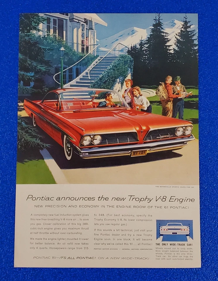 Pontiac Bonneville 1961 cupé deportivo nuevo trofeo motor V-8 anuncio impreso original GM Foto 1 de 1