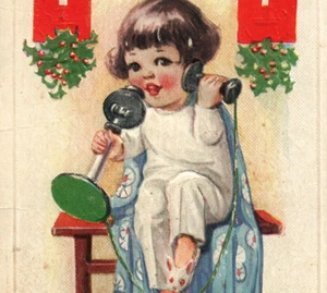 Christmas Gabby Chatty Girl on Telephone Rabbit Slippers PJ Postcard VTG B282 - Picture 1 of 3