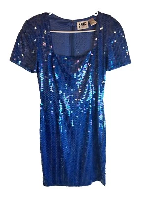 NITELINE 连衣裙亮片鸡尾酒正式皇家蓝色 6 码后拉链及膝 — 第 1/3 张图片