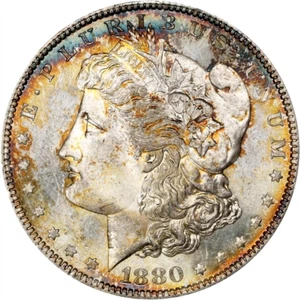 1880 S Morgan Silver Dollar MS 65~OLD SOAPBOX ANACS HOLDER~ Color Toning! - Picture 1 of 4