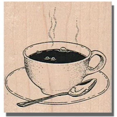 Sello de goma montado, taza de té, sello de taza de café, caliente, café, cuchara, sello de café Foto 1 de 2