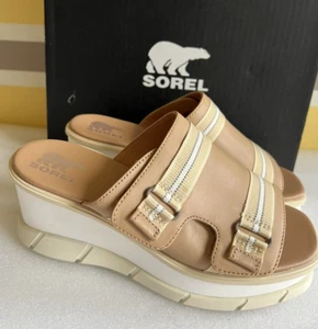 New SOREL Women Joanie III Slide Sandal Honest Leather Beige Chalk Sz 7.5 - Picture 1 of 10