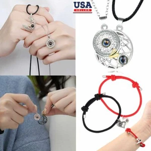 Pair Couples Necklace & Bracelet Distance Magnet Attract Friendship Gift His Her - Picture 1 of 20