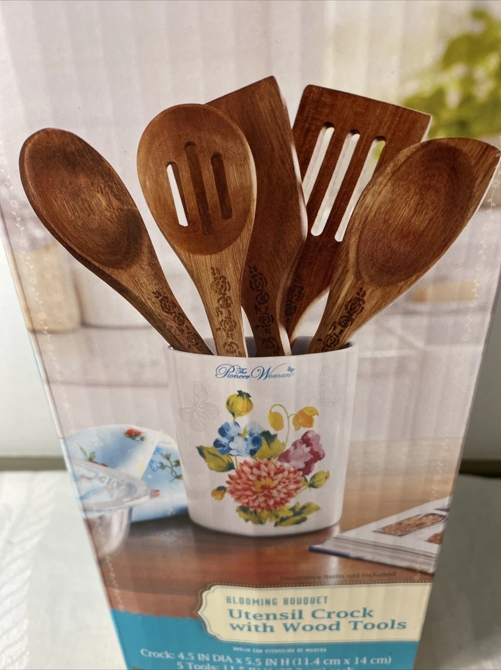 The Pioneer Woman Stoneware Utensil Crock With 5 Wood Tools Sweet Rose