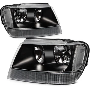 Headlights Assembly Left+Right For 1999-2004 Jeep Grand Cherokee Black Housing - Picture 1 of 11