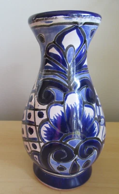 "Florero de cerámica Talavera azul cobalto blanco México hecho a mano flor roja 6,5""" Foto 1 de 4