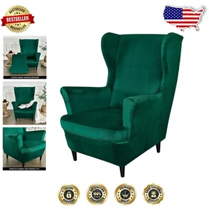 Stylish 2-Piece Wingback Chair Covers in Dark Green - Perfect for Living Rooms - Picture 1 of 8