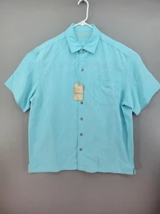Caribbean Mens Leaf Textured Short Sleeve Hawaiian Camp Shirt XL Teal NWT - Picture 1 of 8