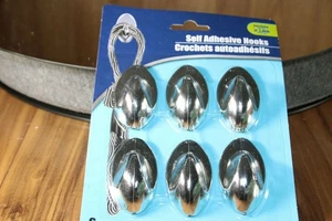 NEW 6 PIECES Self Adhesive CHROME Hooks 2 Inches Tall, Each holds up to 2 Pounds - Picture 1 of 4