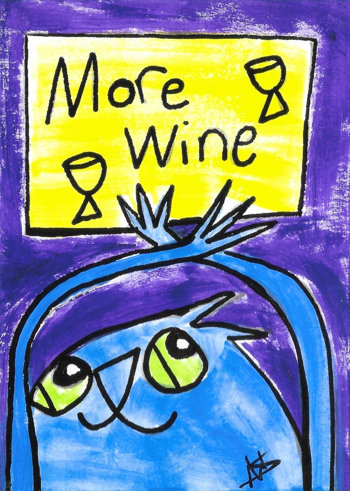 ACEO Cat Painting Original Collectible Modern Wine Art Card By Samantha McLean - Image 1 of 1