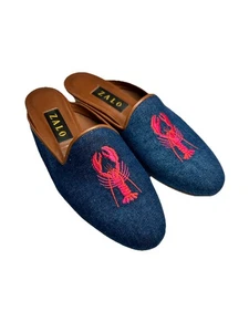 ZALO Women’s Leather Couture Blue Denim Lobster Embroidered Mules Sz 8.5 - Picture 1 of 5
