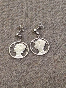 1943 Vintage 90% Silver Mercury Dimes Cut Out Head & Liberty Stud Earrings - Picture 1 of 4