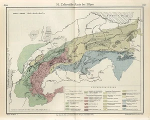 MAPA TECTÓNICO DE LOS ALPES MONTAÑAS ALPINAS SUIZA AUSTRIA AÑOS 20 Mapa Original - Imagen 1 de 1