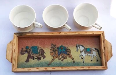 Hand Painted Wooden Tray Horse Camel Elephant Art Design For Serving And Decorat - Image 1 of 4