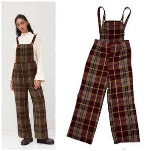 Nwt plaid brown tone cider long overall jumper pants with button closure small - Picture 1 of 8