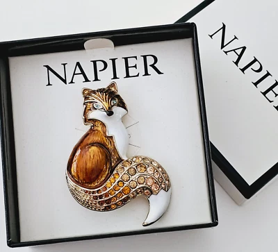 Broche de zorro adornado firmado por Napier esmalte pedrería tono dorado nuevo en caja Foto 1 de 4