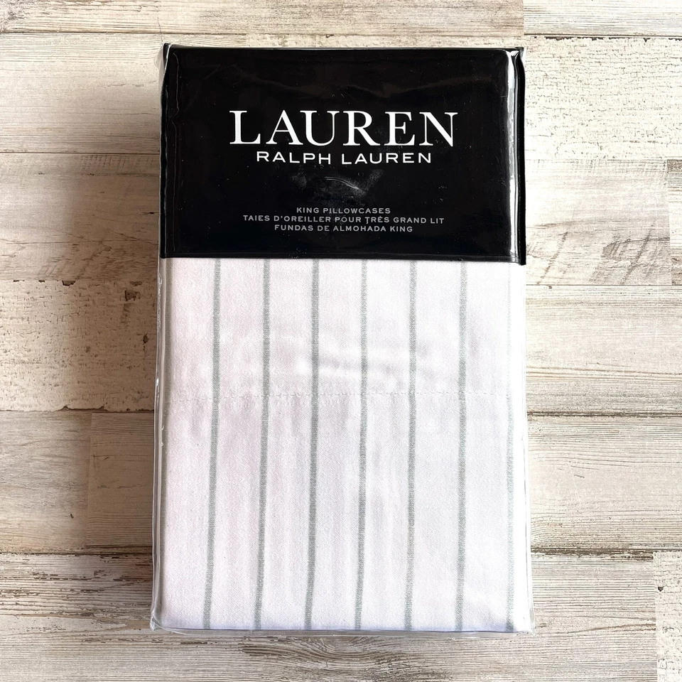 Ralph Lauren Home Spencer Stripe Cotton Sateen King Pillowcases White Sage NWT - Image 1 of 4