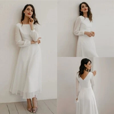 Elegant Chiffon Wedding Dresses Scoop Neck Puff Sleeves Tea Length Bridal Gowns - Image 1 of 4