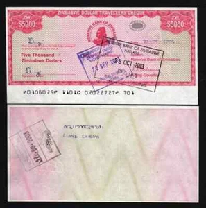 Zimbabwe 5000 DOLLARS P-16 Travellers Cheque 2003 ND Used Zimbabwean Currency - Picture 1 of 6
