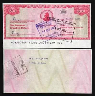 Zimbabwe 5000 DOLLARS P-16 2003 Travellers Cheque Used Zimbabwean Currency NOTE - Image 1 of 4