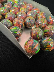 Half Drilled Fire Black Synthetic Lab Created Opal Round Beads - Picture 1 of 5