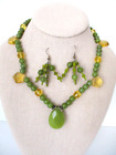 Handmade Womens Necklace &amp; Earring Set Green &amp; Clear Gold Tone Beads 16&quot;