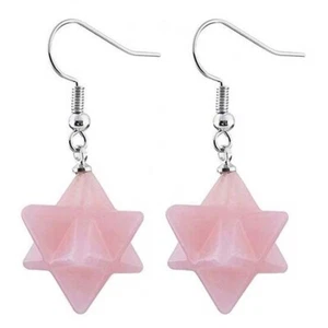 Pair Gemstone crystal rose quartz merkaba star dangle fashion reiki earrings - Picture 1 of 40