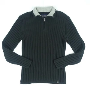 Nautica Jeans Co.100% Cotton Black Gray 1/4 Zip Ribbed Pullover Sweater Sz L - Picture 1 of 7