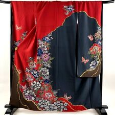 Japanese kimono SILK"FURISODE" long sleeves,Peonies, BF,Gld leaf,Red,L5'4"..3782