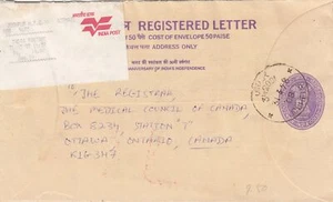 India - 31 de marzo de 1998 sobre carta registrada mejorada a Canadá - Imagen 1 de 2