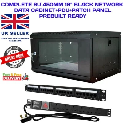 6U 450MM 19" BLACK NETWORK  CABINET OR OPTIONAL WITH PDU & PATCH PANEL - Image 1 of 4