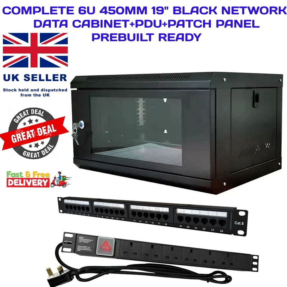 6U 450MM 19" BLACK NETWORK  CABINET OR OPTIONAL WITH PDU & PATCH PANEL - Image 1 of 4
