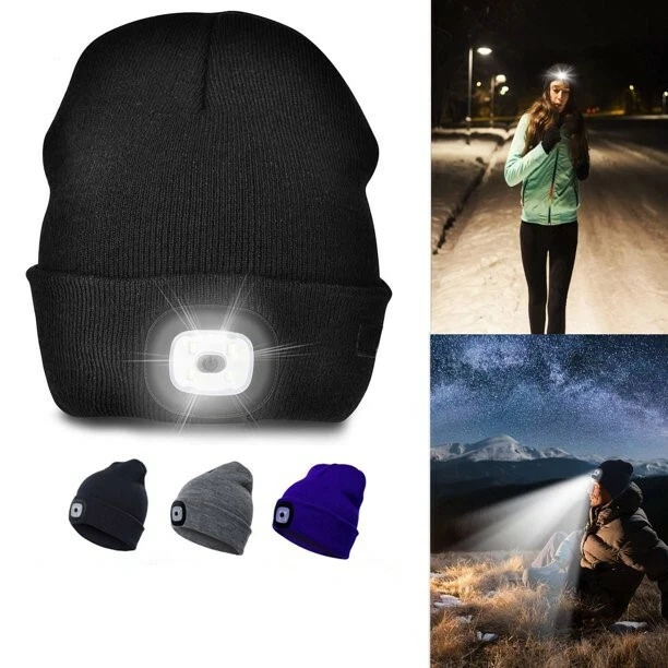 Knitted Wooly Beanie Hat With LED Light Unisex Warm High Powered Head Torch Lamp